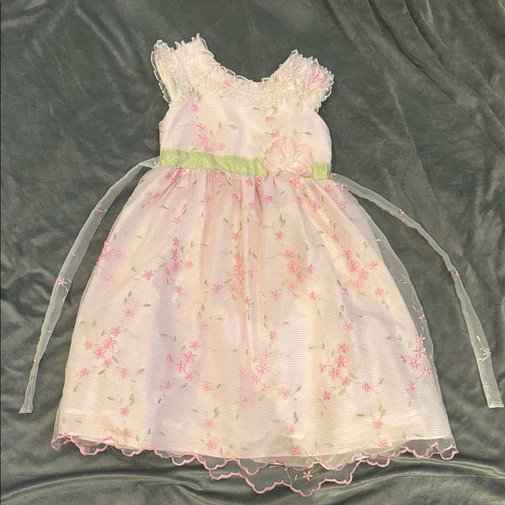 Jona Michelle White Dress with Pink Floral Embroidery and Green Sash